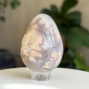 Flower Agate Crystal Egg Polished Carving with Light Grey Hues